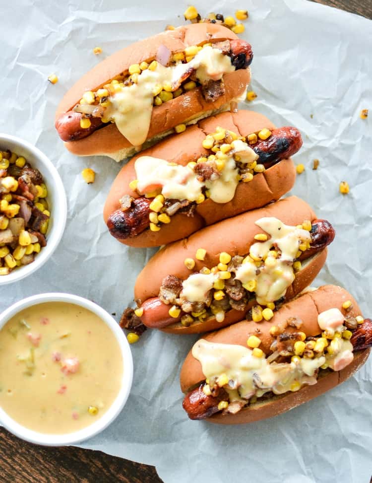 Hot Dogs with Chipotle Cheese Sauce and Bacon Corn Relish {Cooking and Beer}